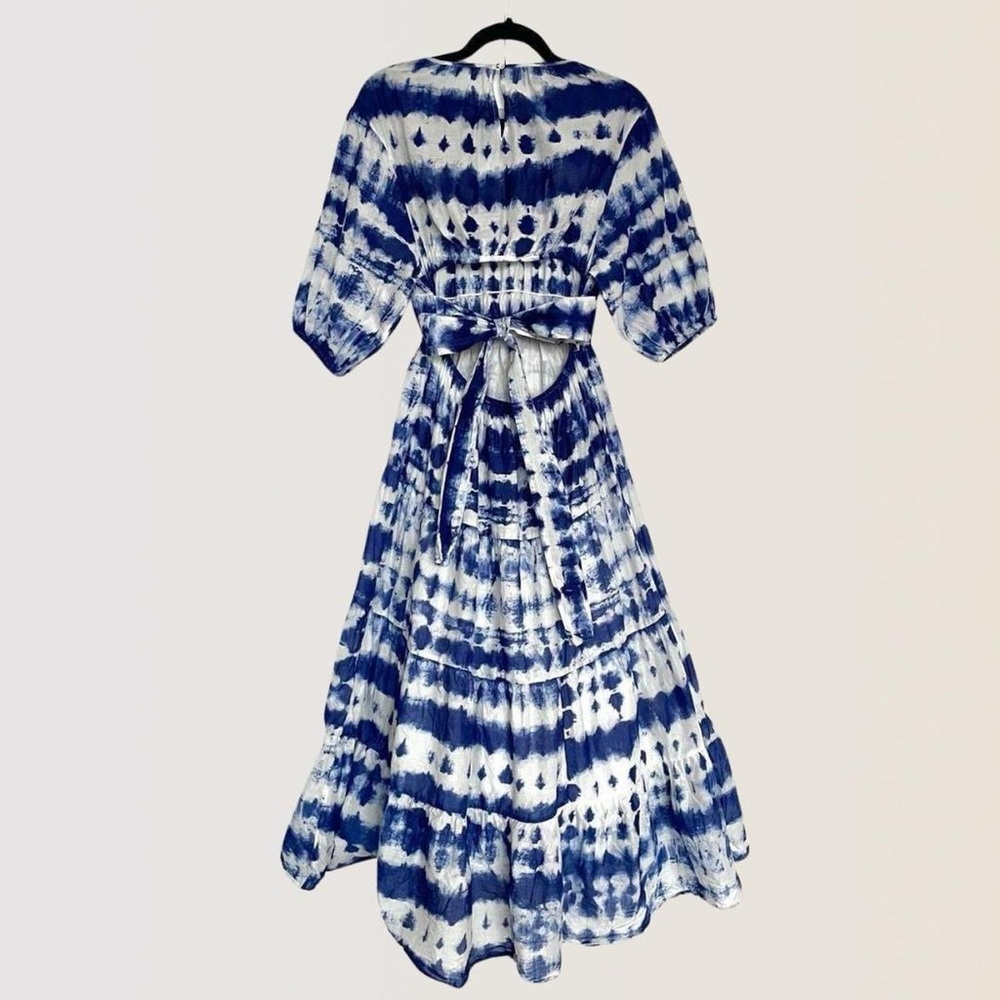 Mango | White & blue tie dye backless tiered puff sleeve cotton midi dress | M